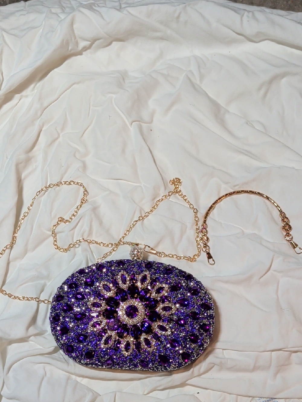 Purple Crystal Embellished Evening Clutch with Gold Chain